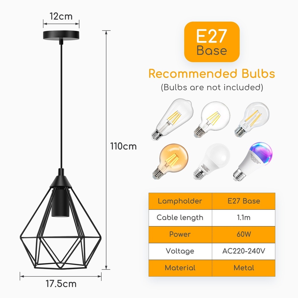 Retro pendant light with iron frame, E27 - Image 4