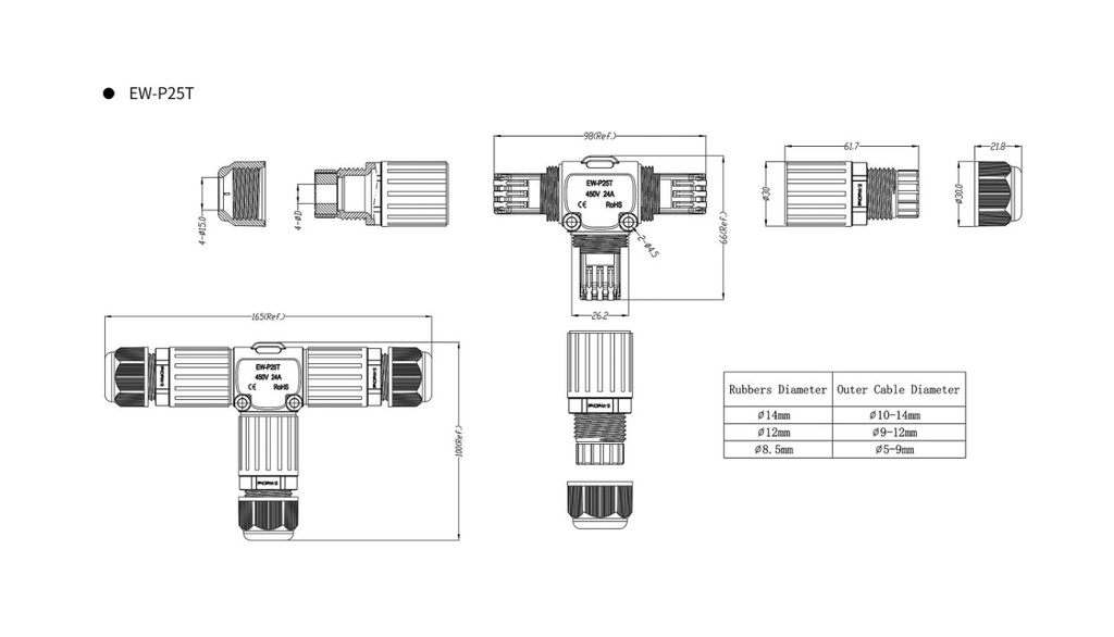 Screw Less T Waterproof Connector 3-pole 3XM25 IP68 - Image 5