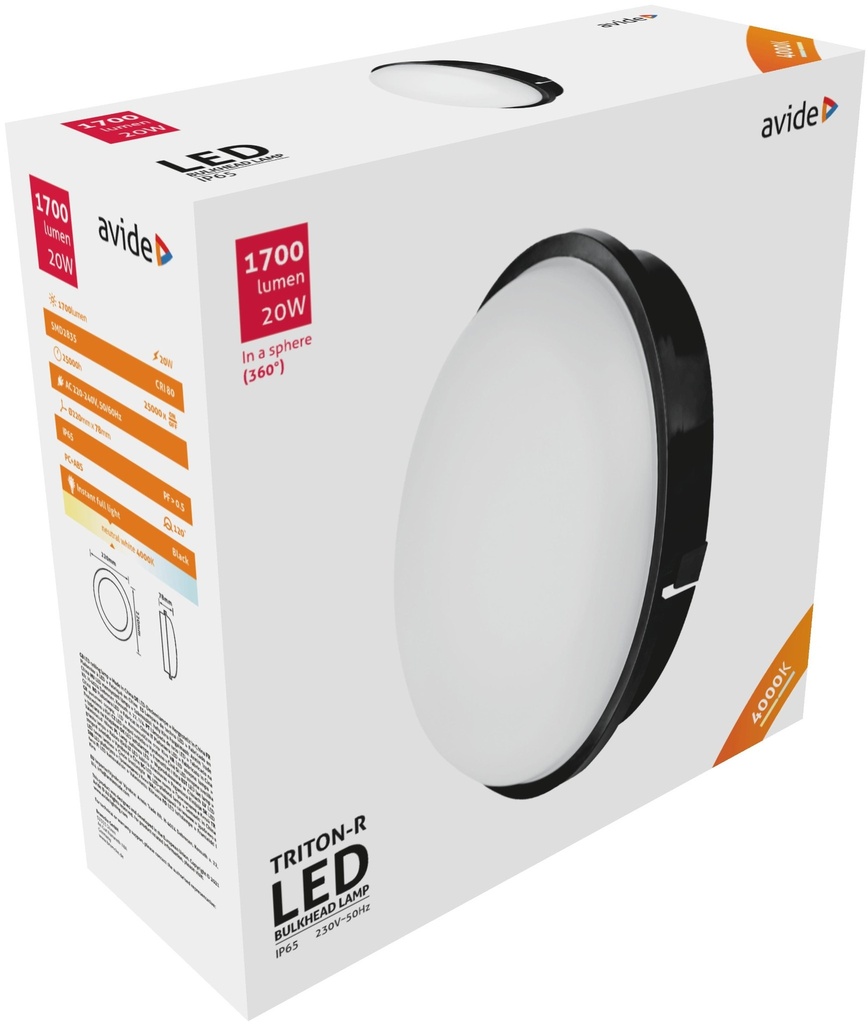 Avide Bulkhead lamp Triton-O 20W 4000K black IP65 - Image 2