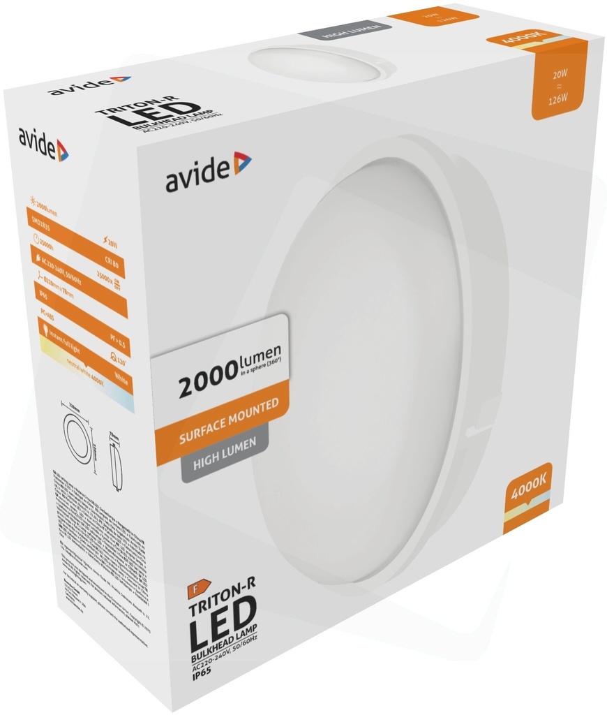 Avide Bulkhead Triton-R Round IP65 20W Neutral white 4000K White 100lm/W - Image 2
