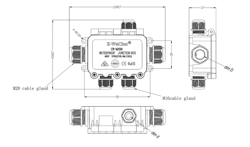Cable connection waterproof H junction box 2XM20 3xM16 IP68 - Image 5