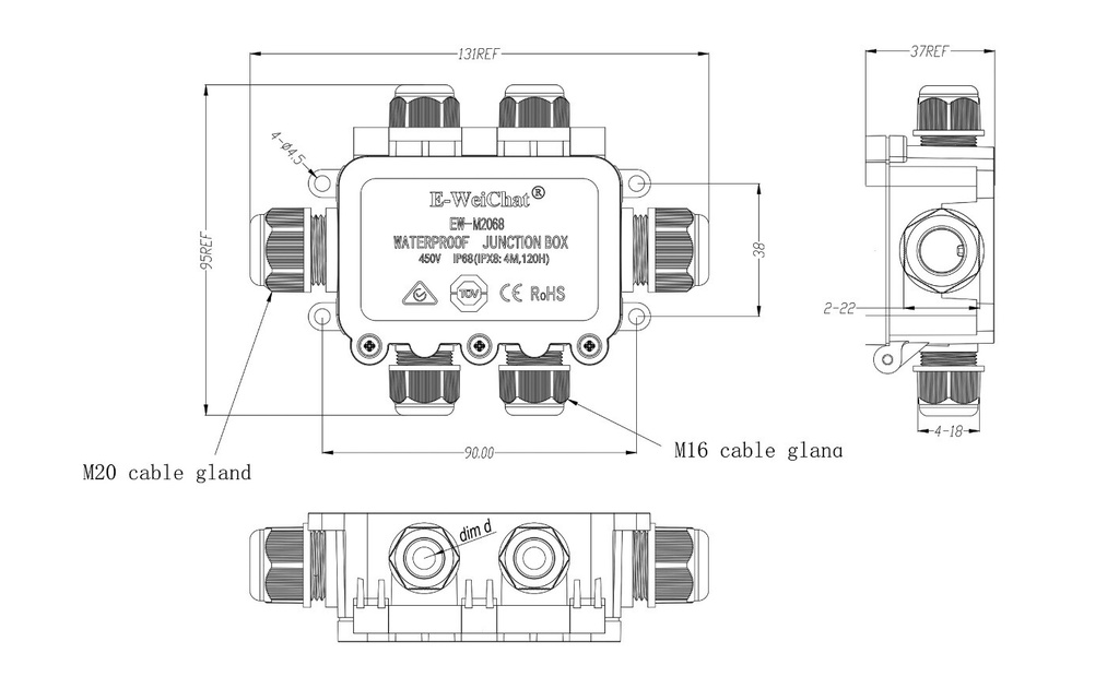 Cable connection waterproof H junction box 2XM20 4xM16 IP68 - Image 5