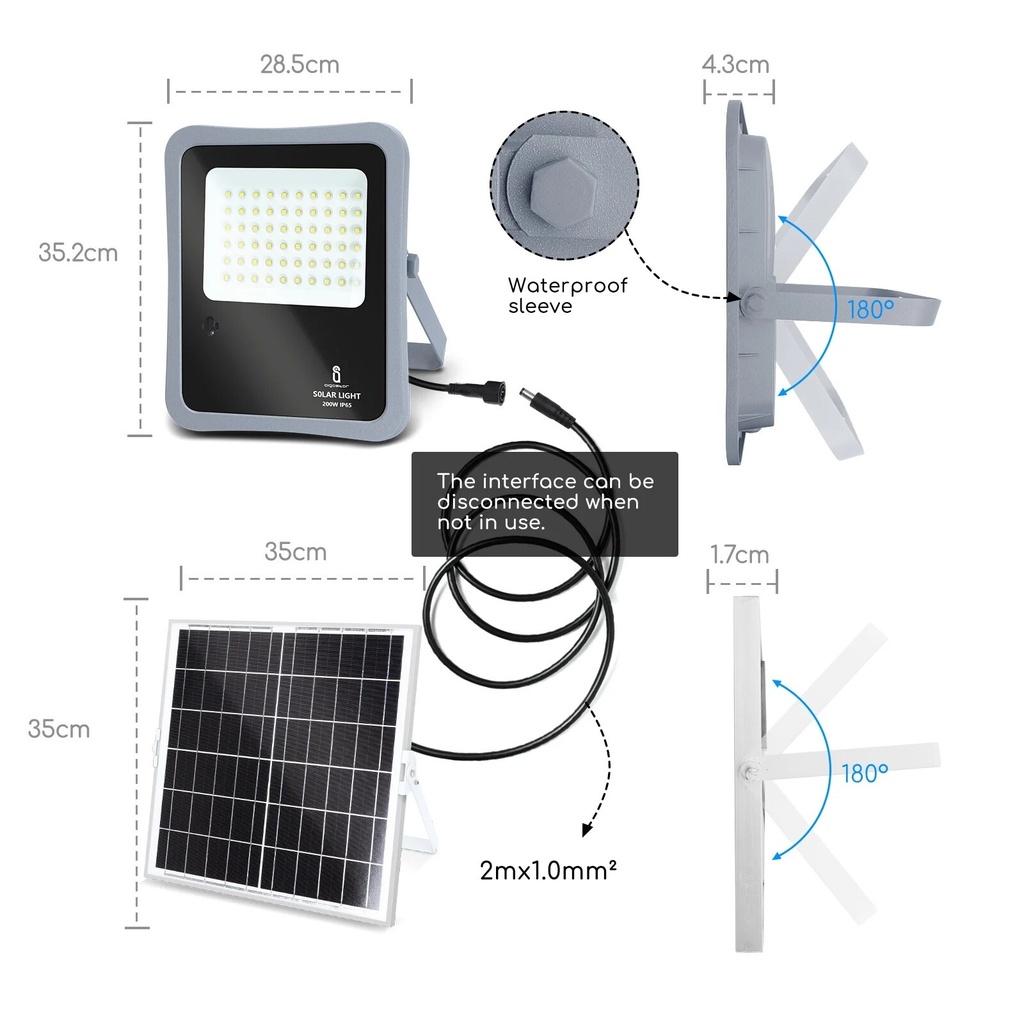 LED solar floodlight 200W 1600lm 6500K IP65 - Image 3