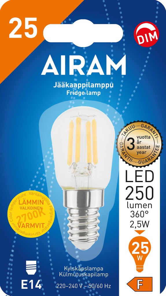 Airam E14 2,5W LED Filament 2700K DIM