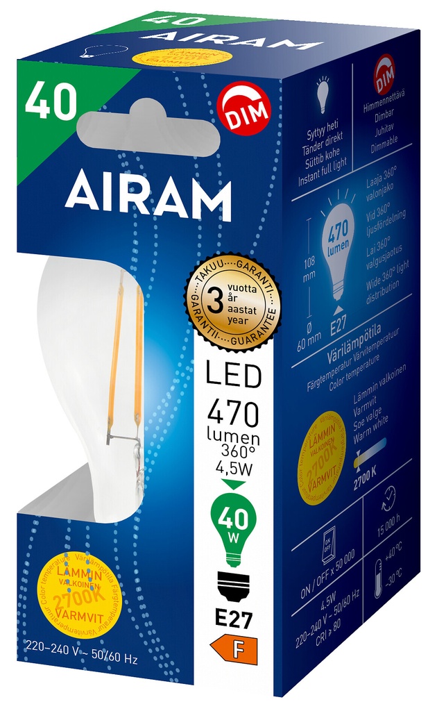 Airam LED E27, 4,5Watt  A60 2700K DIM