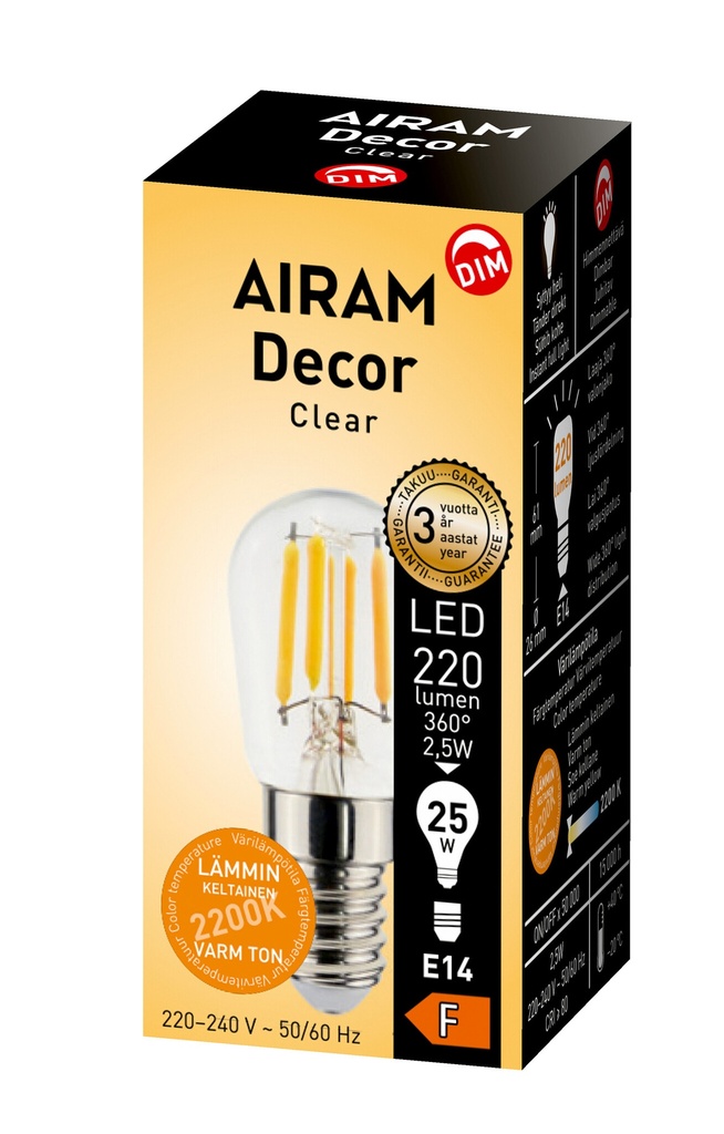 Airam E14 2,5W LED Filament T26 2200K DIM