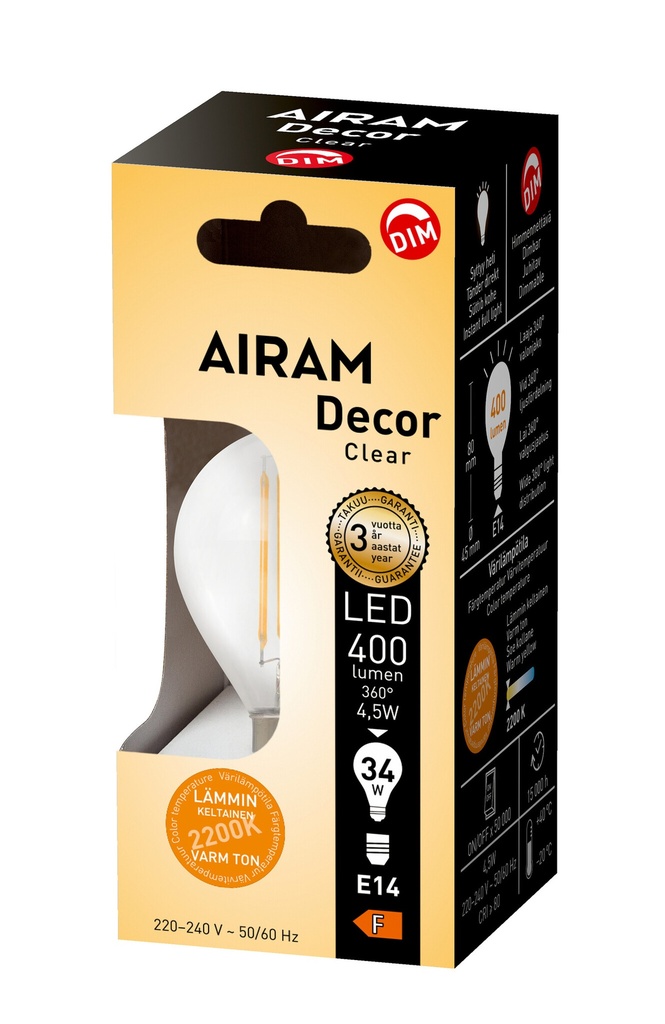 Airam E14 4,5W LED Filament P45 2200K DIM