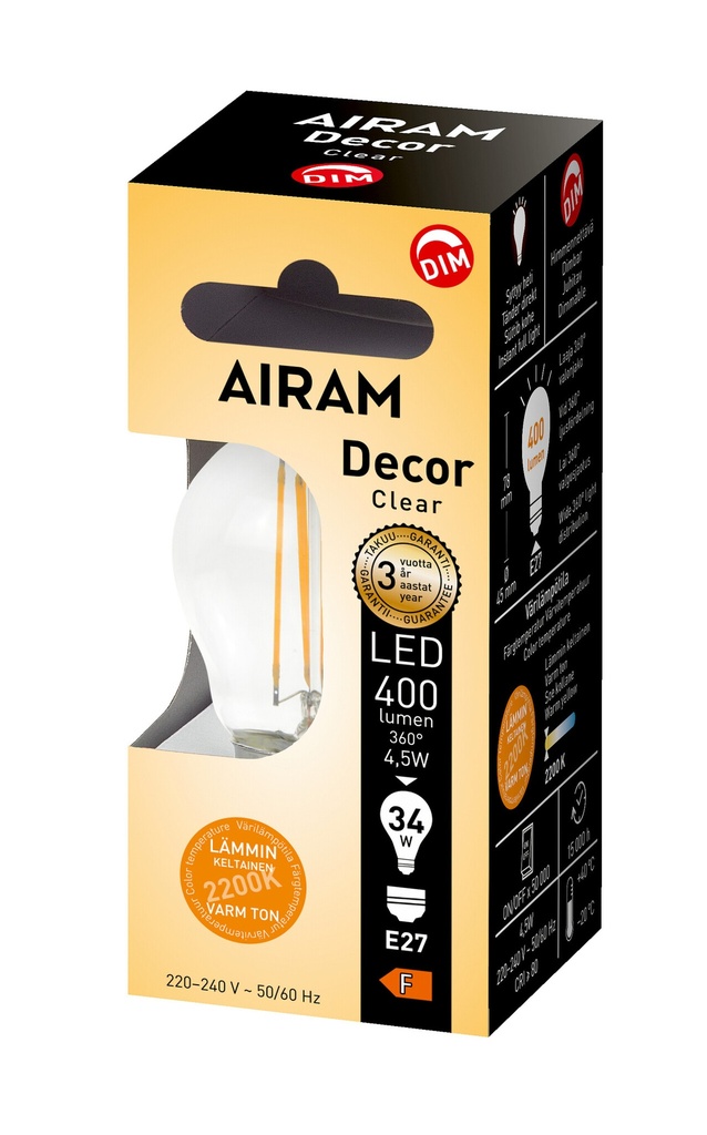 Airam LED E27, 4,5Watt  P45 2200K DIM