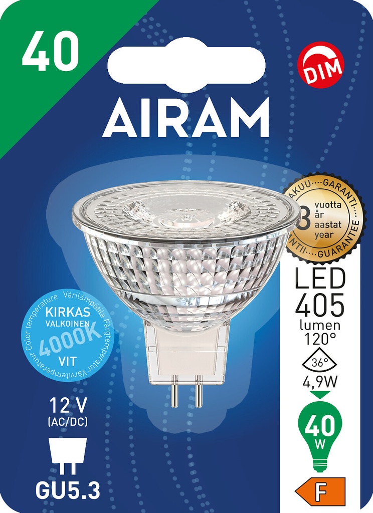 Airam dimmable LED lamp 4.9W 4000K GU5.3 DIM 12V