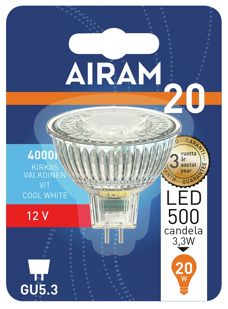 Airam LED lyskilde 12V af glas 3.2W 4000K GU5.3