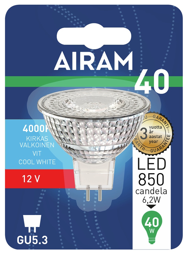Airam LED lyskilde 12V af glas 6,2W 4000K GU5.3