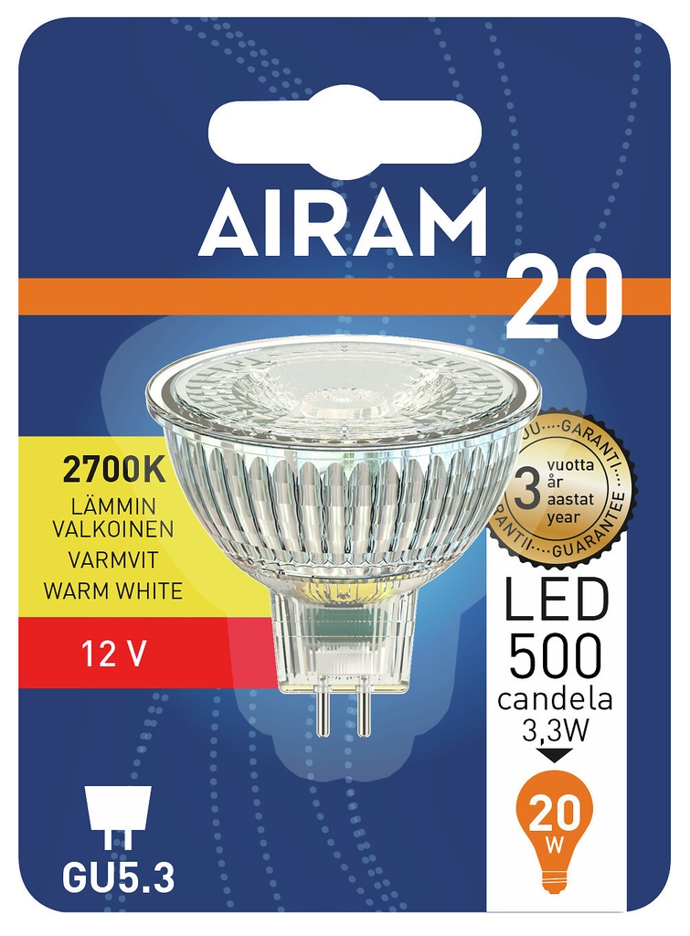 Airam LED lyskilde 12V af glas 4.5W 2700K GU5.3