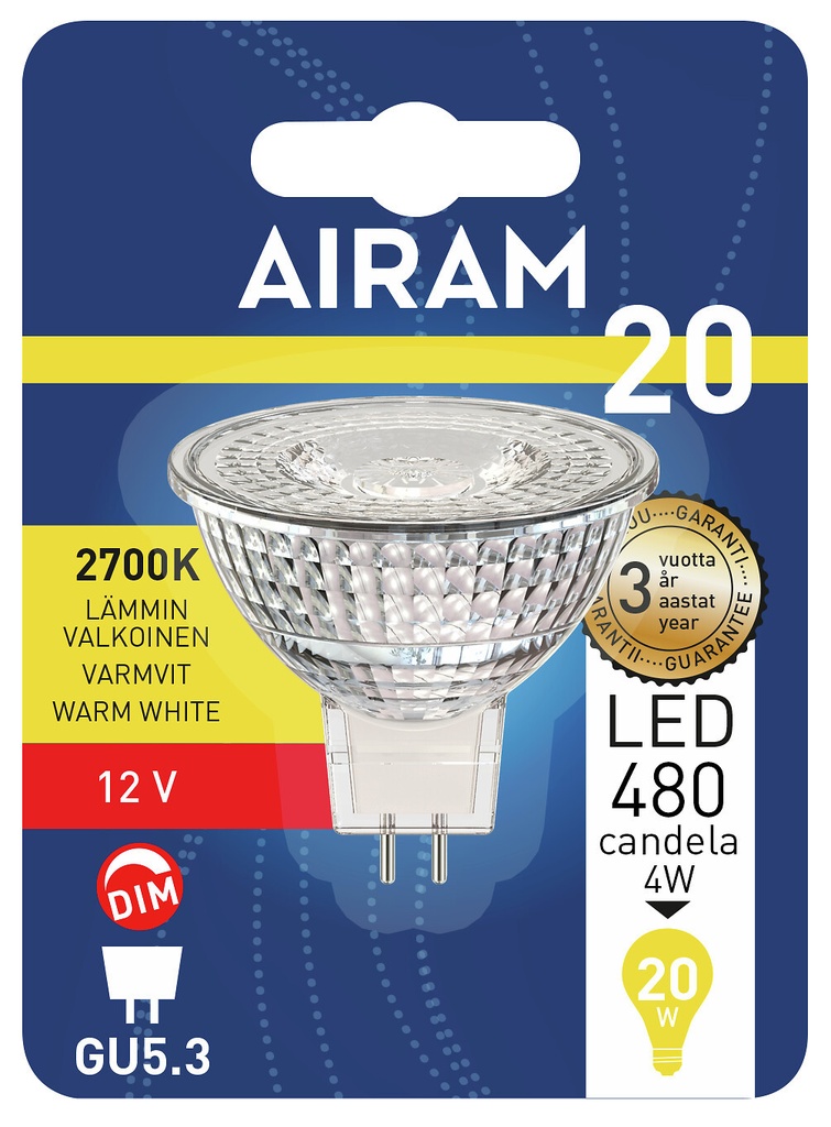 Airam dimmable LED lamp 3,7W 2700K GU5.3 DIM