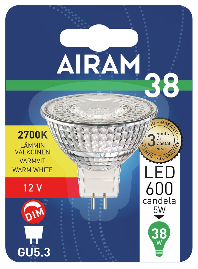 Airam dæmpbar LED lyskilde 4,9W 2700K GU5.3 DIM