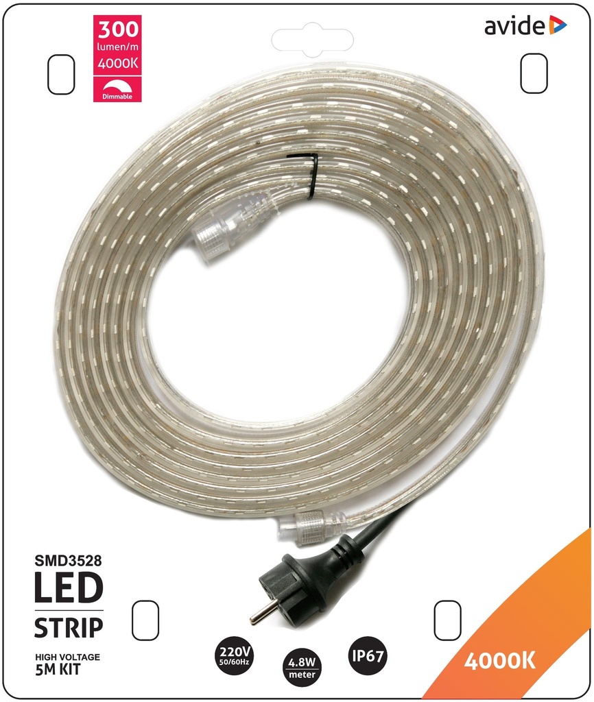 Avide LED Strip 220V 4.8W SMD3528 60LED 4000K IP67 5m