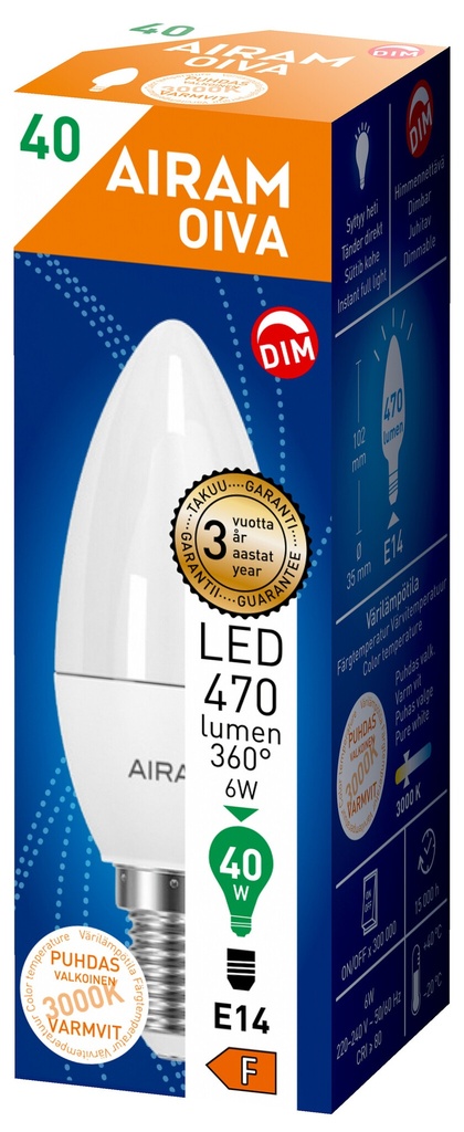 Airam OIVA LED C35 5W 3000K E14 DIM OP