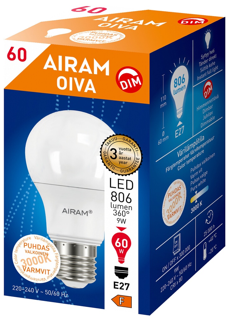 Airam OIVA  LED A60 7.3W 3000K E27 DIM OP
