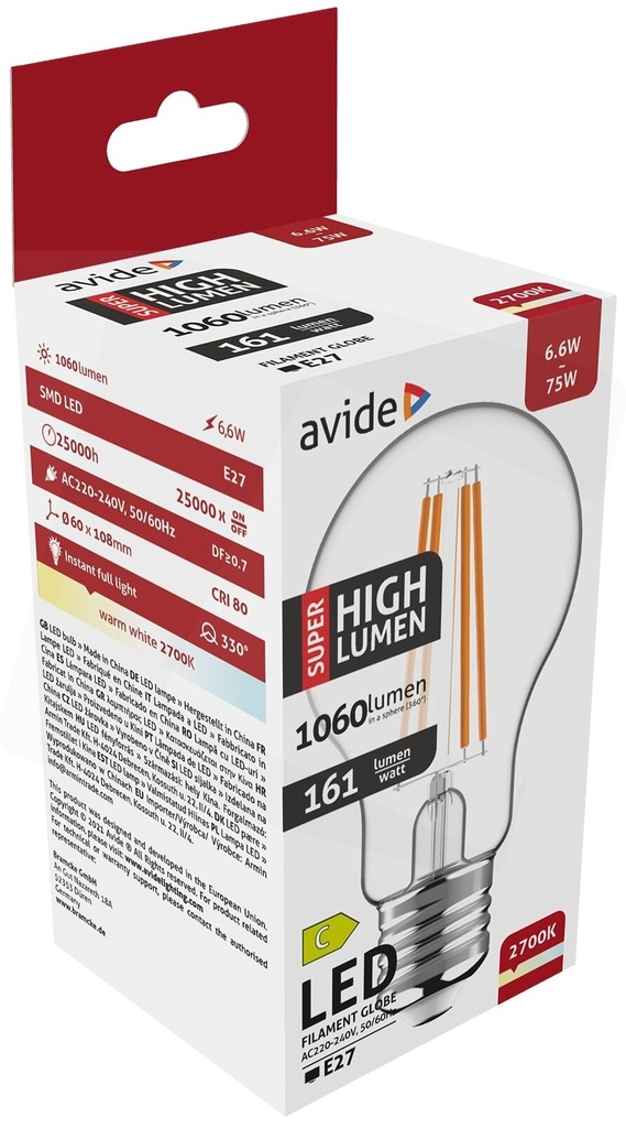 Avide LED 6.6W E27 A60 WW 2700K Super High Lumen