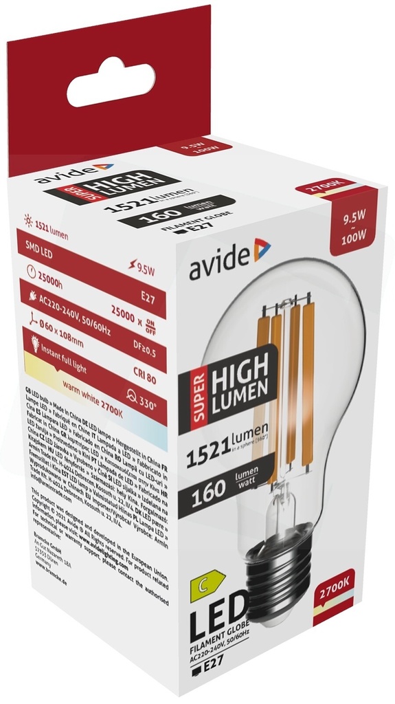 Avide LED 9.5W E27 A60 2700K WW Super High Lumen