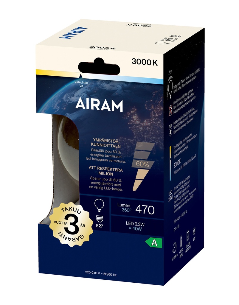 Airam A-klasse E27 G95 2,2W 3000K 470lm