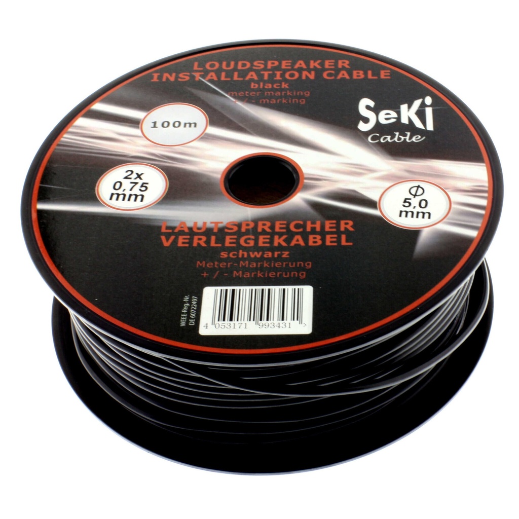 Kabel rød/sort kappe sort 2 ledere 0,75mm² løbende meter