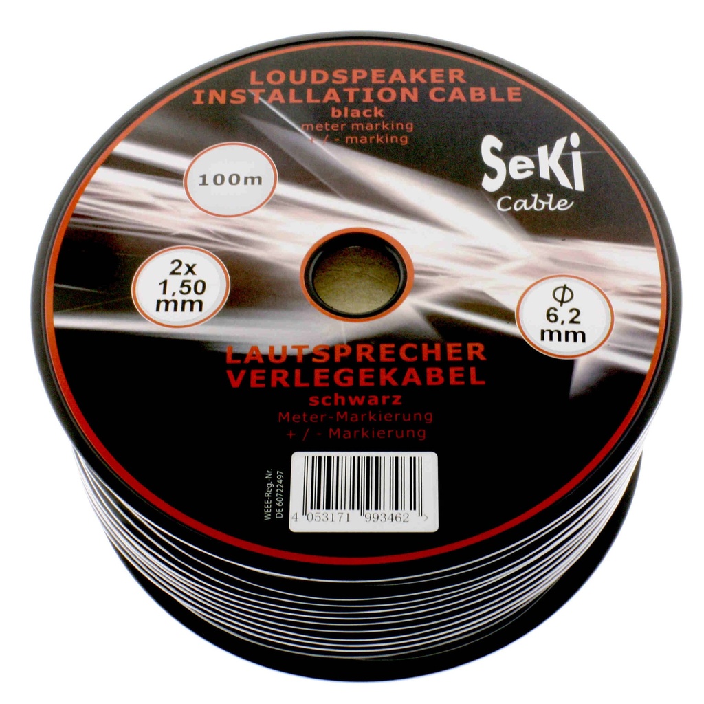 Cable red/black sheathed black 2 conductors 1,5mm² 100m