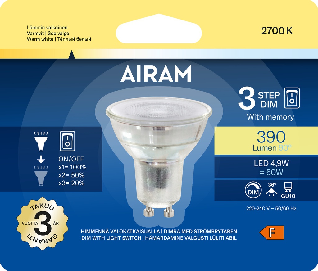 Airam LED GU10 PAR16 36° 3 trin DIM 827