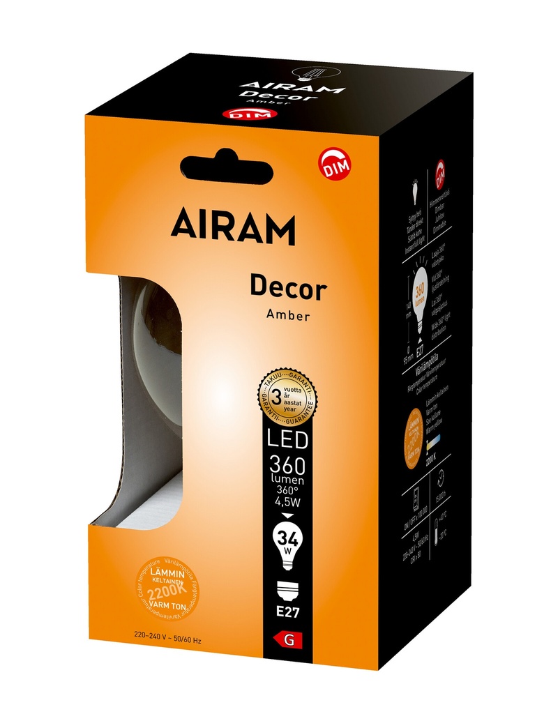 Airam E27 Filament Globe Amber 95mm 5W DIM