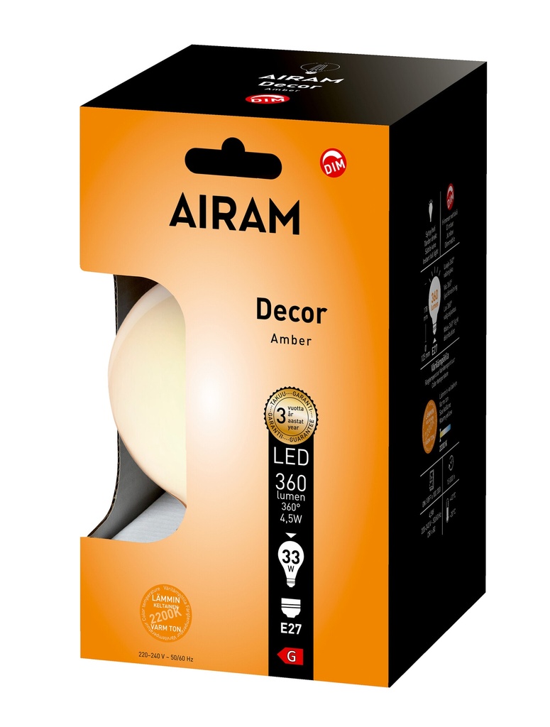 Airam E27 4,5W LED Filament Decor G125 2200K DIM