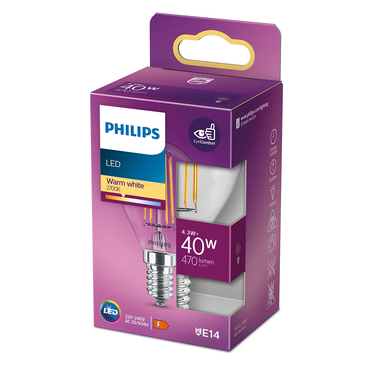Filament kertepære, klar 40W P45 E14