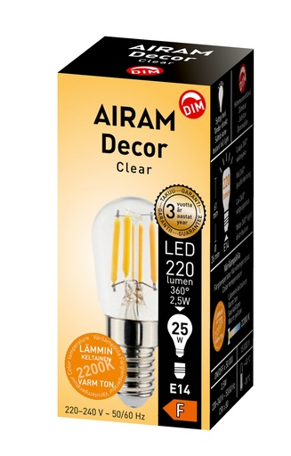 [243683] Airam LED E14, 2,5Watt  T26 2200K DIM