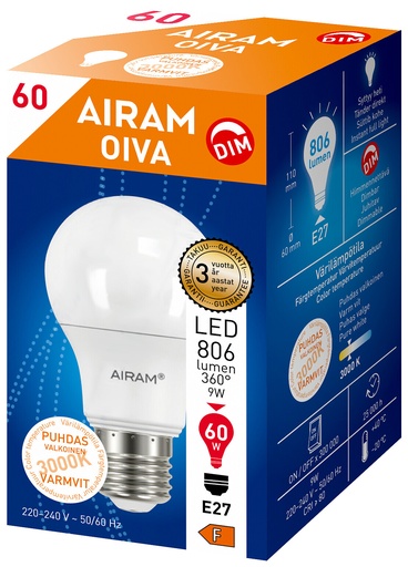 [258502] Airam OIVA LED A60 7.3W 3000K E27 DIM OP
